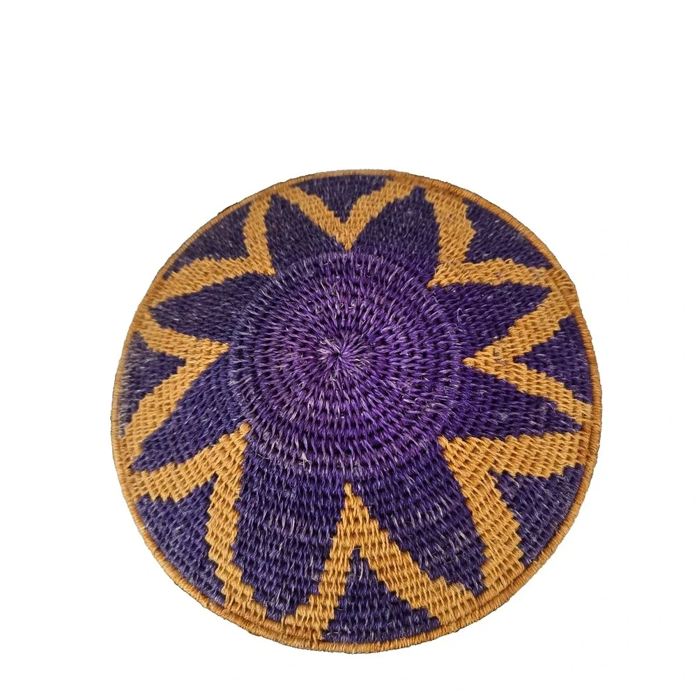 Handmade Woven Grass Basket Bowl Vibrant Design Wall Art Tabletop Purple Tan Art